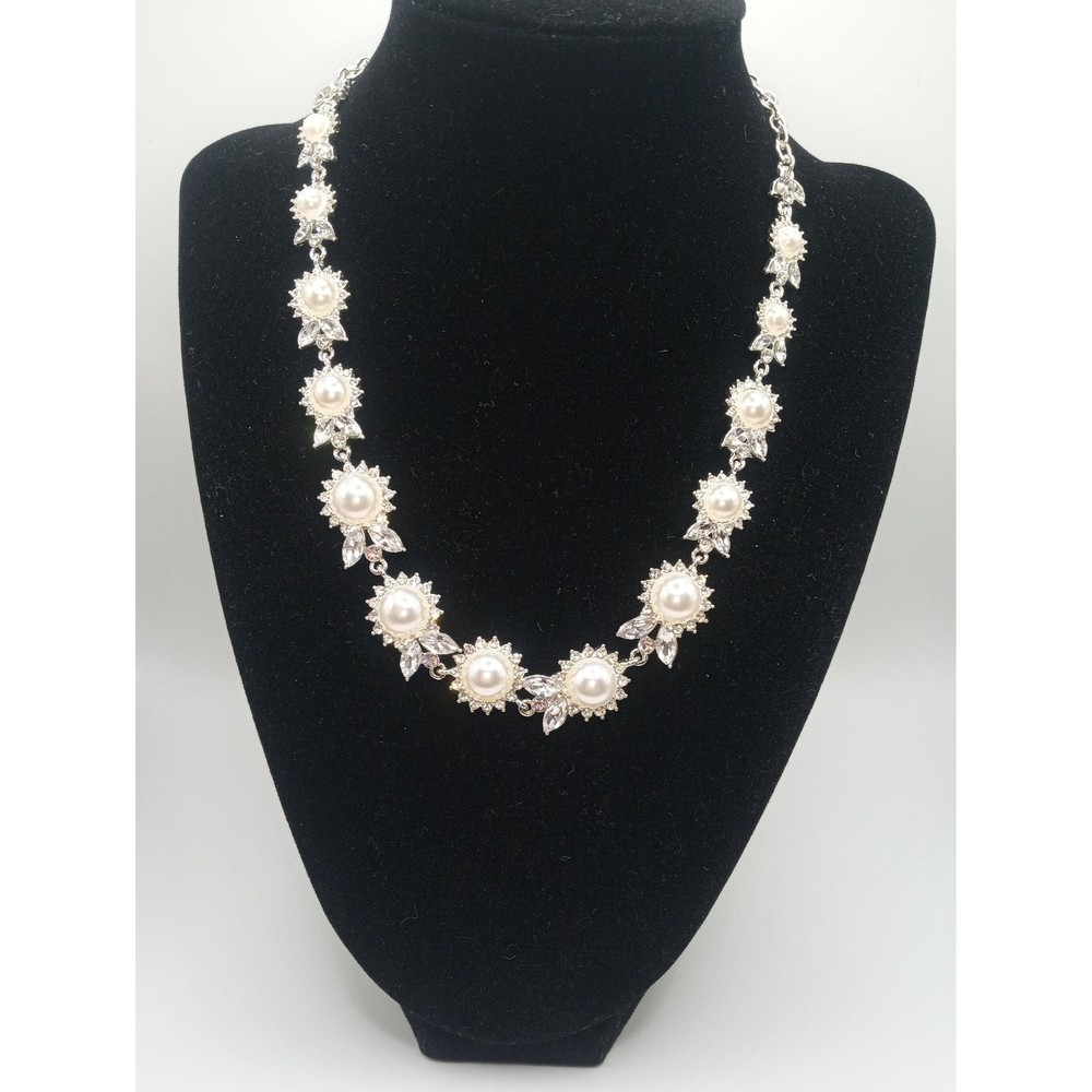 Dana Buchman Faux Pearl Clear Rhinestone Flower Silver Tone Necklace